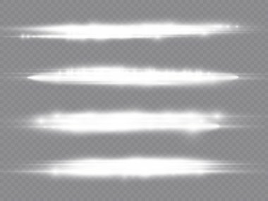 Yatay ışık ışınları, flaş beyaz ışık parlamaları, lazer ışınları, şeffaf arkaplanda parlak beyaz çizgi, güzel ışık parlamaları, parlak parlaklıklar, vektör illüstrasyonu,.