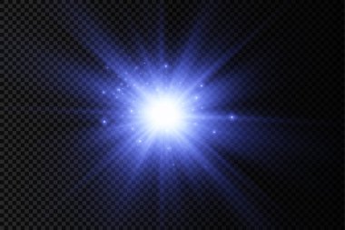Parlak bir yıldız, parlak bir yıldız, şeffaf arkaplanda mavi bir ışık patlaması, güneş ışınları, mavi ışık efekti, ışıl ışıl güneş ışığı, vektör ilülasyonu, 10