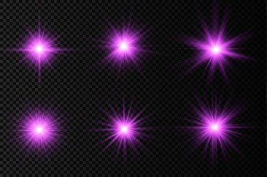 Şeffaf bir arkaplanda mor parlayan ışık patlaması, parlak yıldızlar, parlak bir yıldız patlaması, mor güneş ışınları, ışık efekti, ışıltılı güneş ışığı, vektör çizimi