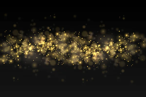 黒の背景に輝く黄金の魔法の塵粒子ボケ クリスマスの輝きの光効果 輝きの光 黄色の塵の火花と特別な光で星の輝き ベクトル図 — ストックベクタ