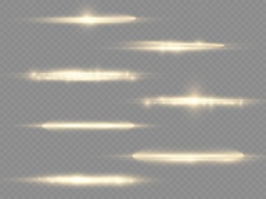 Yatay ışık ışınları, parlayan sarı yatay mercek fişekleri, lazer ışınları, şeffaf arkaplanda parıldayan altın çizgiler, güzel ışık parlamaları, parlak altın parlaklığı, vektör illüstrasyonu,.