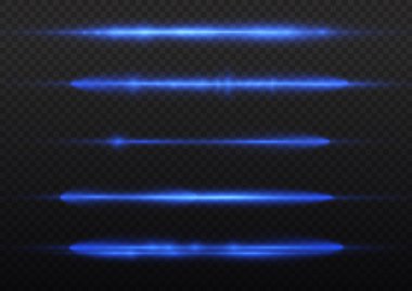 Yatay ışık ışınları, flaş mavi ışık parlamaları, hızlı lazer ışınları, şeffaf arkaplanda parlak mavi çizgi hareketi, güzel ışık parlamaları, parlak parlama, vektör illüstrasyonu, 10