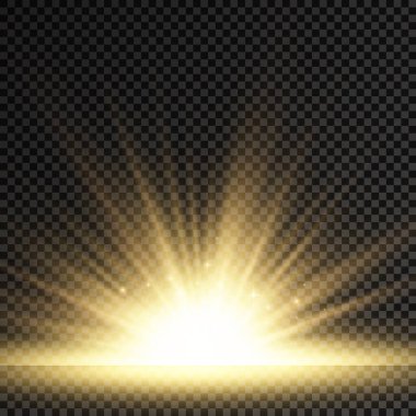 Şeffaf arkaplanda yıldız patlaması, sarı parıltılı ışıklar güneş ışınları, ışık ve sihirli ışıltılarla özel efektler, parlak ve parlak altın yıldız, vektör çizimi, 10 birim.