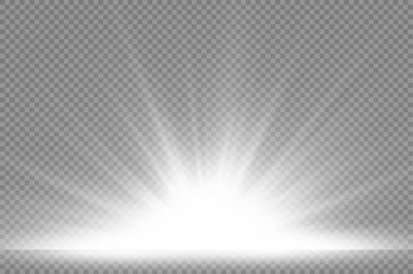Şeffaf arkaplanda yıldız patlaması, beyaz parlayan ışıklar güneş ışınları, ışık ve sihirli ışıltılarla özel efektler, parlak ve parlak beyaz yıldız, vektör illüstrasyonu,.