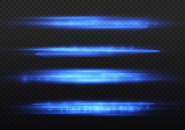 Yatay ışık ışınları, flaş mavi ışık parlamaları, hızlı lazer ışınları, şeffaf arkaplanda parlak mavi çizgi hareketi, güzel ışık parlamaları, parlak parlama, vektör illüstrasyonu, 10