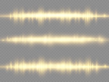 Yatay ışık ışınları, parlayan sarı yatay mercek fişekleri, lazer ışınları, şeffaf arkaplanda parıldayan altın çizgiler, güzel ışık parlamaları, parlak altın parlaklığı, vektör illüstrasyonu,.