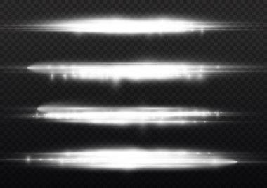 Yatay ışık ışınları, flaş beyaz ışık parlamaları, lazer ışınları, şeffaf arkaplanda parlak beyaz çizgi, güzel ışık parlamaları, parlak parlaklıklar, vektör illüstrasyonu,.