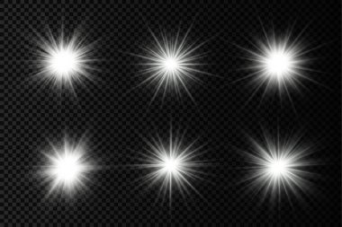 Parlak bir yıldız, parlak bir yıldız, şeffaf bir arkaplanda parlayan beyaz bir ışık patlaması, güneş ışınları, ışık efekti, ışıldayan ışınlar, vektör illüstrasyonu, 10
