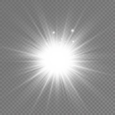 Parlak bir yıldız, parlak bir yıldız, şeffaf bir arkaplanda parlayan beyaz bir ışık patlaması, güneş ışınları, ışık efekti, ışıldayan ışınlar, vektör illüstrasyonu, 10