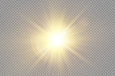 Parlak yıldız, parlak yıldız, şeffaf arkaplanda parlayan ışık, sarı güneş ışınları, altın ışık efekti, ışıltılı güneş ışığı, bokeh etkisi, altın parıltısı, vektör illüstrasyonu