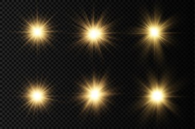Parlak parlak bir yıldız, parlak bir yıldız, saydam bir arkaplanda sarı bir ışık patlaması, sarı güneş ışınları, altın ışık efekti, ışıltılı güneş ışığı, vektör illüstrasyonu, 10