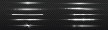 Yatay ışık ışınları, flaş beyaz ışık parlamaları, lazer ışınları, şeffaf arkaplanda parlak beyaz çizgi, güzel ışık parlamaları, parlak parlaklıklar, vektör illüstrasyonu,.