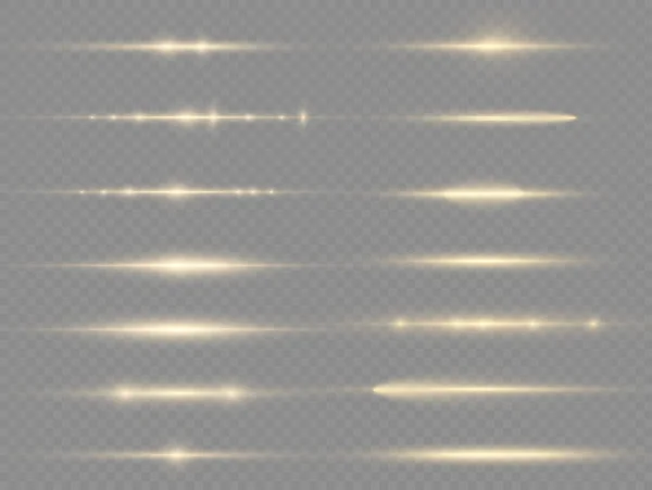 Horizontal Light Rays Flash Yellow Horizontal Lens Flares Pack Laser — Stock Vector