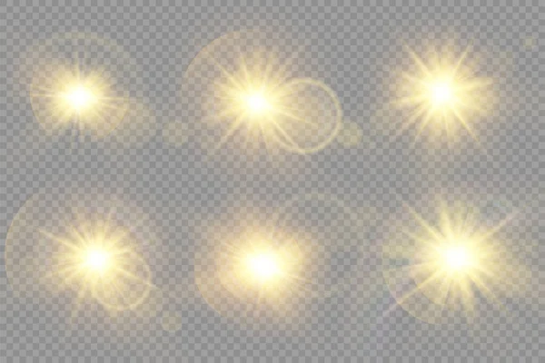 Parlak Yıldız Parlak Yıldız Şeffaf Arkaplanda Parlayan Işık Sarı Güneş — Stok Vektör