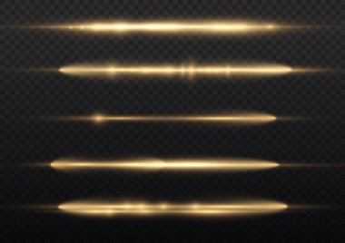 Yatay ışık ışınları, parlayan sarı yatay mercek fişekleri, lazer ışınları, şeffaf arkaplanda parıldayan altın çizgiler, güzel ışık parlamaları, parlak altın parlaklığı, vektör illüstrasyonu,.