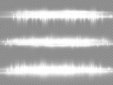 Yatay ışık ışınları, flaş beyaz ışık parlamaları, lazer ışınları, şeffaf arkaplanda parlak beyaz çizgi, güzel ışık parlamaları, parlak parlaklıklar, vektör illüstrasyonu,.