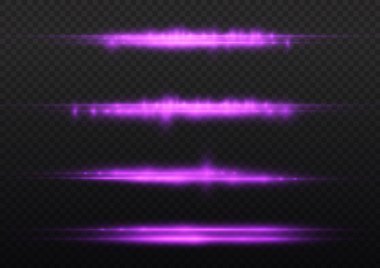 Yatay ışık ışınları, parlak mor yatay lensler, lazer ışınları, şeffaf arkaplanda parlak menekşe çizgileri, güzel ışık parlamaları, parlak parlaklıklar, vektör illüstrasyonu, 10 birim..