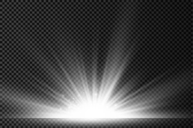 Şeffaf arkaplanda yıldız patlaması, beyaz parlayan ışıklar güneş ışınları, ışık ve sihirli ışıltılarla özel efektler, parlak ve parlak beyaz yıldız, vektör illüstrasyonu,.