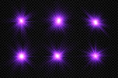 Parlak parlak bir yıldız, parlak bir yıldız, şeffaf bir arkaplanda mor bir ışık patlaması, mor güneş ışınları, altın ışık efekti, ışıltılı güneş ışığı, vektör illüstrasyonu, 10