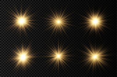 Parlak parlak bir yıldız, parlak bir yıldız, saydam bir arkaplanda sarı bir ışık patlaması, sarı güneş ışınları, altın ışık efekti, ışıltılı güneş ışığı, vektör illüstrasyonu, 10