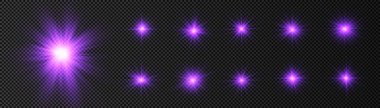 Parlak parlak bir yıldız, parlak bir yıldız, şeffaf bir arkaplanda mor bir ışık patlaması, mor güneş ışınları, altın ışık efekti, ışıltılı güneş ışığı, vektör illüstrasyonu, 10