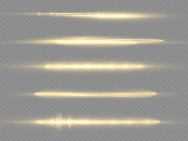 Yatay ışık ışınları, parlayan sarı yatay mercek fişekleri, lazer ışınları, şeffaf arkaplanda parıldayan altın çizgiler, güzel ışık parlamaları, parlak altın parlaklığı, vektör illüstrasyonu,.