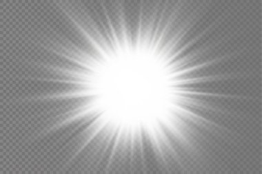 Parlak bir yıldız, parlak bir yıldız, şeffaf bir arkaplanda parlayan beyaz bir ışık patlaması, güneş ışınları, ışık efekti, ışıldayan ışınlar, vektör illüstrasyonu, 10