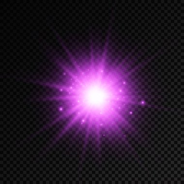 Şeffaf bir arkaplanda mor parlayan ışık patlaması, parlak yıldızlar, parlak bir yıldız patlaması, mor güneş ışınları, ışık efekti, ışıltılı güneş ışığı, vektör çizimi