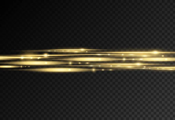 水平光線 フラッシュイエロー水平レンズフレアパック レーザービーム 黒の背景に金色のラインを光る 美しいライトフレア 明るいゴールドグレア ベクトルイラスト Eps — ストックベクタ