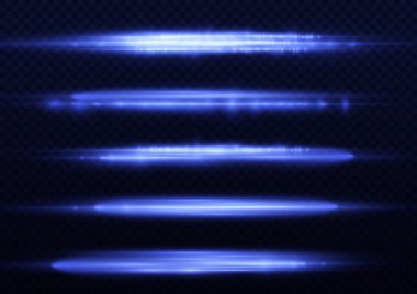 Yatay ışık ışınları, flaş mavi ışık parlamaları, hızlı lazer ışınları, şeffaf arkaplanda parlak mavi çizgi hareketi, güzel ışık parlamaları, parlak parlama, vektör illüstrasyonu, 10
