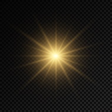 Parlak parlak bir yıldız, parlak bir yıldız, saydam bir arkaplanda sarı bir ışık patlaması, sarı güneş ışınları, altın ışık efekti, ışıltılı güneş ışığı, vektör illüstrasyonu, 10