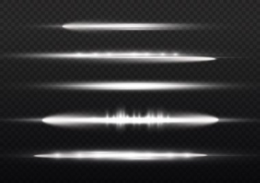 Yatay ışık ışınları, flaş beyaz ışık parlamaları, lazer ışınları, şeffaf arkaplanda parlak beyaz çizgi, güzel ışık parlamaları, parlak parlaklıklar, vektör illüstrasyonu,.