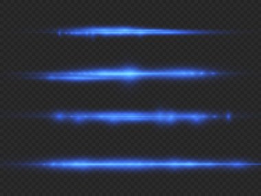 Yatay ışık ışınları, flaş mavi ışık parlamaları, hızlı lazer ışınları, şeffaf arkaplanda parlak mavi çizgi hareketi, güzel ışık parlamaları, parlak parlama, vektör illüstrasyonu, 10