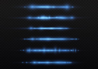 Yatay ışık ışınları, flaş mavi ışık parlamaları, hızlı lazer ışınları, şeffaf arkaplanda parlak mavi çizgi hareketi, güzel ışık parlamaları, parlak parlama, vektör illüstrasyonu, 10