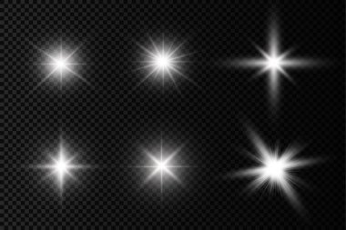Parlak bir yıldız, parlak bir yıldız, şeffaf bir arkaplanda parlayan beyaz bir ışık patlaması, güneş ışınları, ışık efekti, ışıldayan ışınlar, vektör illüstrasyonu, 10