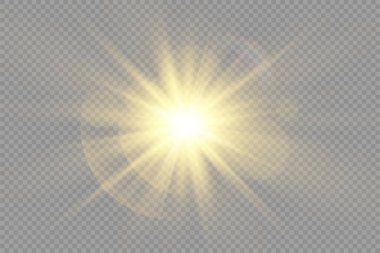 Parlak yıldız, parlak yıldız, şeffaf arkaplanda parlayan ışık, sarı güneş ışınları, altın ışık efekti, ışıltılı güneş ışığı, bokeh etkisi, altın parıltısı, vektör illüstrasyonu