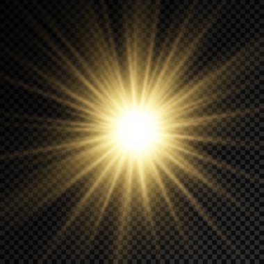 Parlak parlak bir yıldız, parlak bir yıldız, saydam bir arkaplanda sarı bir ışık patlaması, sarı güneş ışınları, altın ışık efekti, ışıltılı güneş ışığı, vektör illüstrasyonu, 10
