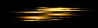 Yatay ışık ışınları, parlak sarı yatay mercek fişekleri, lazer ışınları, siyah arka planda parlak sarı çizgi, güzel ışık parlamaları, parlak altın parlaklığı, vektör illüstrasyonu,.
