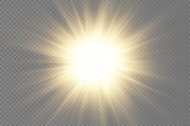 Parlak parlak bir yıldız, parlak bir yıldız, saydam bir arkaplanda sarı bir ışık patlaması, sarı güneş ışınları, altın ışık efekti, ışıltılı güneş ışığı, vektör illüstrasyonu, 10