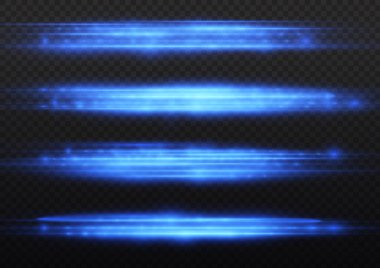 Yatay ışık ışınları, flaş mavi ışık parlamaları, hızlı lazer ışınları, şeffaf arkaplanda parlak mavi çizgi hareketi, güzel ışık parlamaları, parlak parlama, vektör illüstrasyonu, 10
