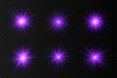 Parlak parlak bir yıldız, parlak bir yıldız, şeffaf bir arkaplanda mor bir ışık patlaması, mor güneş ışınları, altın ışık efekti, ışıltılı güneş ışığı, vektör illüstrasyonu, 10