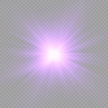 Parlak parlak bir yıldız, parlak bir yıldız, şeffaf bir arkaplanda mor bir ışık patlaması, mor güneş ışınları, altın ışık efekti, ışıltılı güneş ışığı, vektör illüstrasyonu, 10