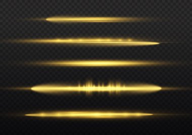 Yatay ışık ışınları, parlayan sarı yatay mercek fişekleri, lazer ışınları, şeffaf arkaplanda parıldayan altın çizgiler, güzel ışık parlamaları, parlak altın parlaklığı, vektör illüstrasyonu,.