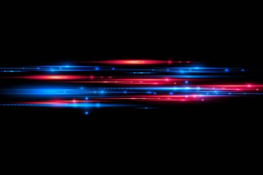 Güzel bir parıltı ve kıvılcım. Kırmızı ve mavi özel efekt. Lazer ışınları, yatay ışık ışınları. Parçacık hareketi etkisi. Hızlı çizgilerin büyüsü. Parlak, soyut, parıldayan polis çizgisi. Vektör.