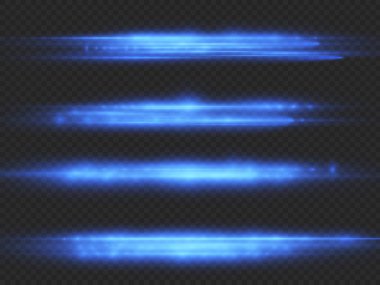 Yatay ışık ışınları, flaş mavi ışık parlamaları, hızlı lazer ışınları, şeffaf arkaplanda parlak mavi çizgi hareketi, güzel ışık parlamaları, parlak parlama, vektör illüstrasyonu, 10