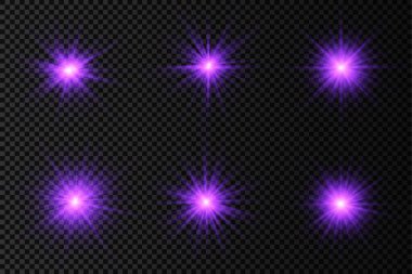 Parlak parlak bir yıldız, parlak bir yıldız, şeffaf bir arkaplanda mor bir ışık patlaması, mor güneş ışınları, altın ışık efekti, ışıltılı güneş ışığı, vektör illüstrasyonu, 10