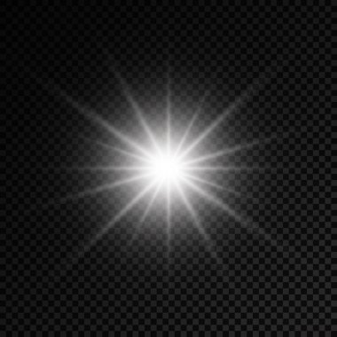 Parlak bir yıldız, parlak bir yıldız, şeffaf bir arkaplanda parlayan beyaz bir ışık patlaması, güneş ışınları, ışık efekti, ışıldayan ışınlar, vektör illüstrasyonu, 10