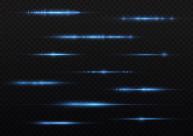 Yatay ışık ışınları, flaş mavi ışık parlamaları, hızlı lazer ışınları, şeffaf arkaplanda parlak mavi çizgi hareketi, güzel ışık parlamaları, parlak parlama, vektör illüstrasyonu, 10