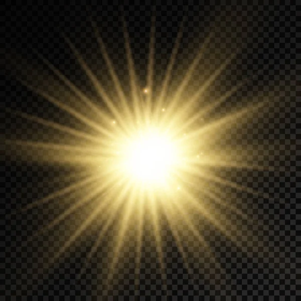 輝く星 輝く明るい星 透明な背景に黄色の輝く光バースト 黄色の太陽光線 黄金の光効果 光線で太陽のフレア ベクトル図 Eps — ストックベクタ