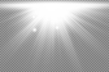 Parlak patlamalı güneş ışığı, ışık ve sihirli parıltı ışınlarıyla parlama etkisi, güneş ışınları, beyaz ışın etkisi, aydınlık ışığında bulanıklık, ön lens flaşı, vektör illüstrasyonu, 10.